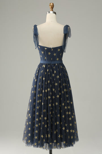 Navy Stars A-Line Tea-lengde Prom kjole med Bowknots